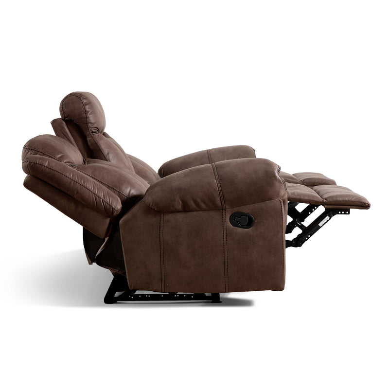 Front facing side view of a transitional brown microfiber reclining sofa with accent stitching with two seats reclined on a white background