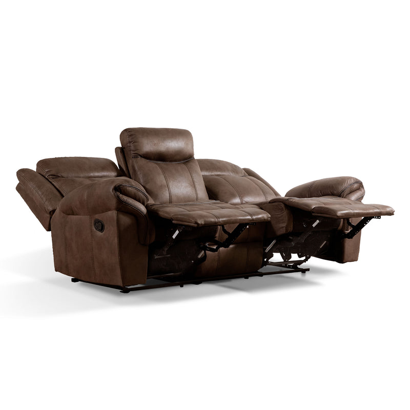 Right facing transitional brown microfiber reclining sofa with accent stitching with two seats reclined on a white background