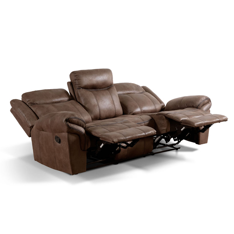 Right facing transitional brown microfiber reclining sofa with accent stitching with two seats reclined on a white background