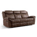 Right facing transitional brown microfiber reclining sofa with accent stitching on a white background