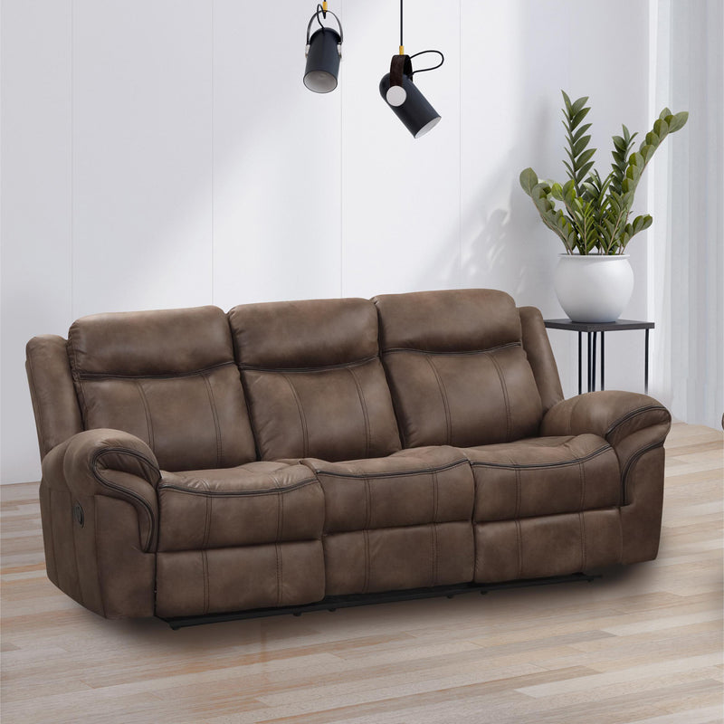 Right facing transitional brown microfiber reclining sofa with accent stitching in a room