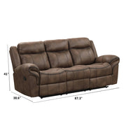 Right facing transitional brown microfiber reclining sofa with accent stitching showing dimensions on a white background