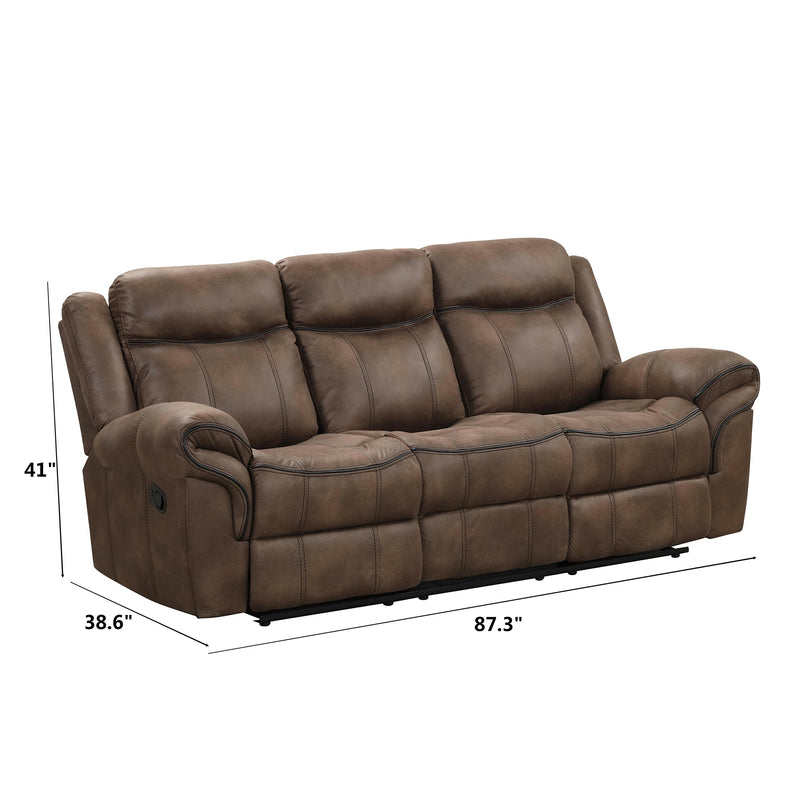 Right facing transitional brown microfiber reclining sofa with accent stitching showing dimensions on a white background