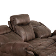 Right facing close up of a transitional brown microfiber reclining sofa with accent stitching with two seats reclined on a white background