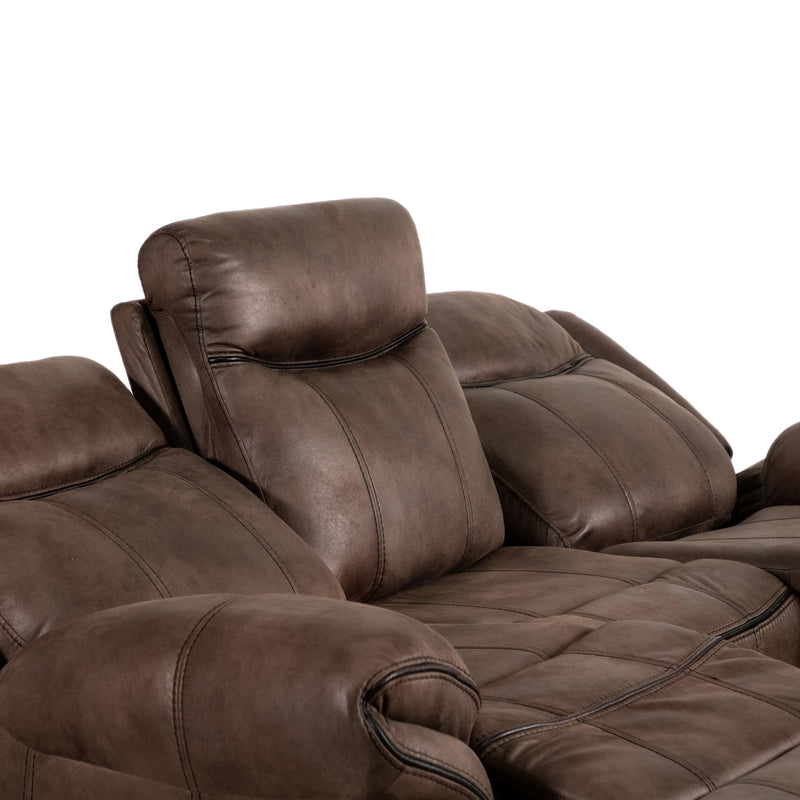 Right facing close up of a transitional brown microfiber reclining sofa with accent stitching with two seats reclined on a white background