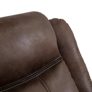 Right facing close up of the backrest of a transitional brown microfiber reclining sofa with accent stitching on a white background