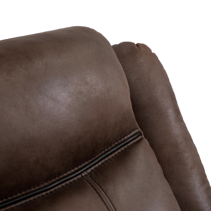 Right facing close up of the backrest of a transitional brown microfiber reclining sofa with accent stitching on a white background