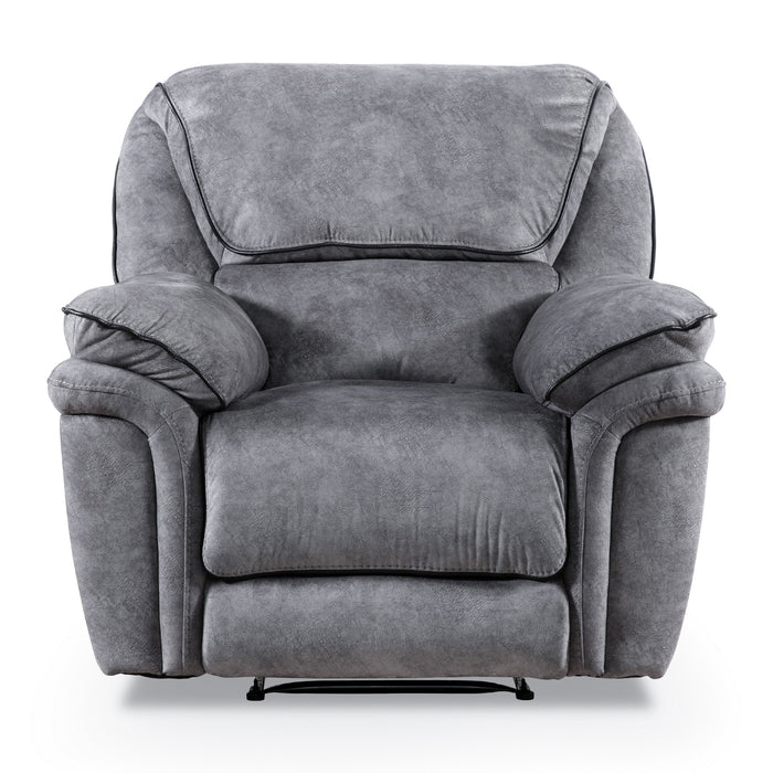 Front facing transitional grey microfiber recliner with accent piping on a white background