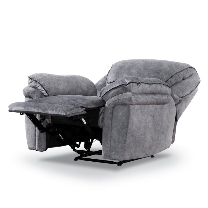 Left facing transitional grey microfiber recliner with accent piping fully reclined on a white background