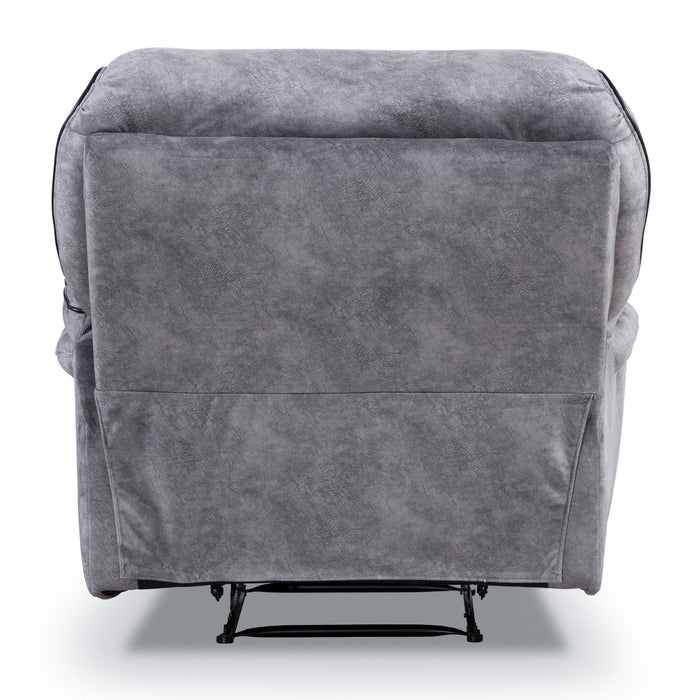 Front facing back view of a transitional grey microfiber recliner with accent piping on a white background