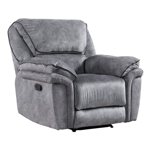 Right facing transitional grey microfiber recliner with accent piping on a white background