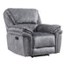 Right facing transitional grey microfiber recliner with accent piping on a white background