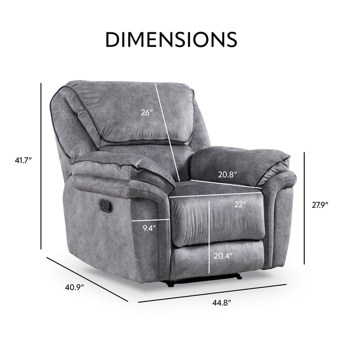 Informational image of the dimensions of a transitional grey microfiber recliner with accent piping