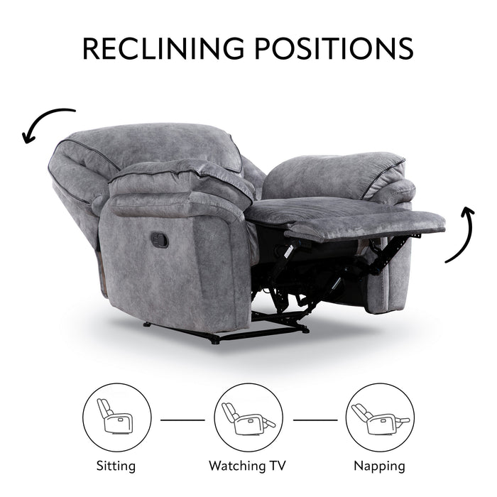 Informational image of the reclining positions of a transitional grey microfiber recliner with accent piping