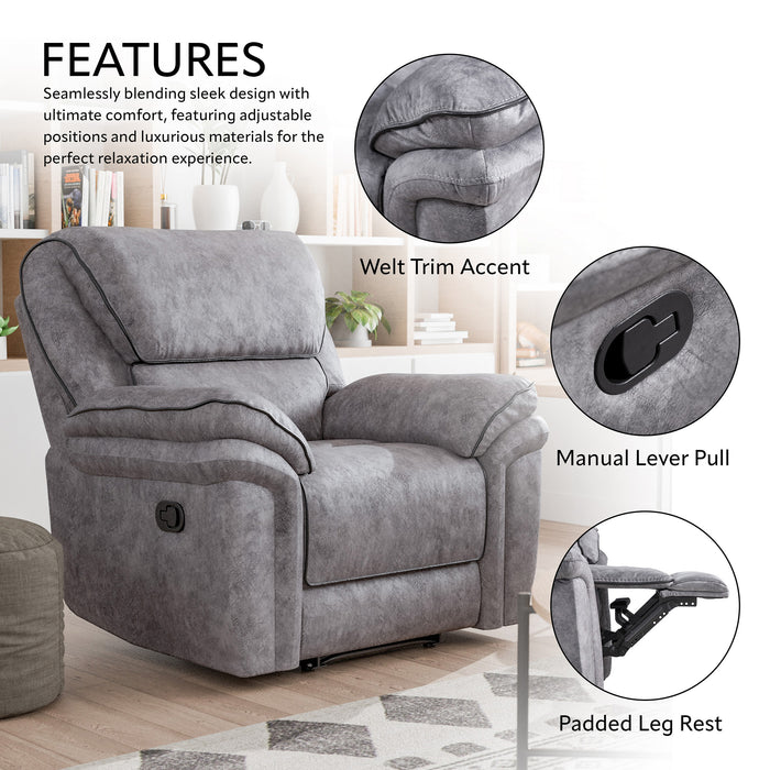 Informational image of the features of a transitional grey microfiber recliner with accent piping