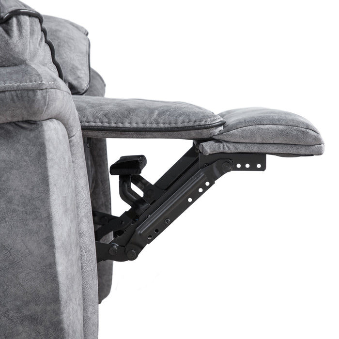 Front facing side view close up of the raised leg rest of a transitional grey microfiber recliner with accent piping on a white background