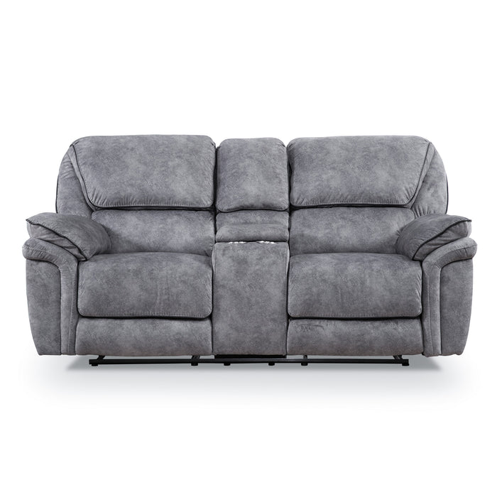 Front facing transitional grey microfiber loveseat with console and accent piping on a white background