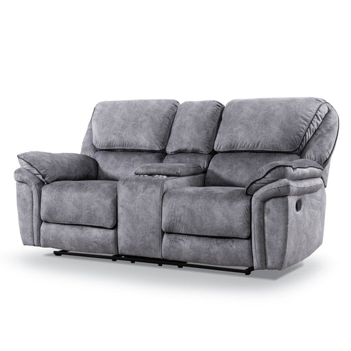Left facing transitional grey microfiber loveseat with console and accent piping on a white background