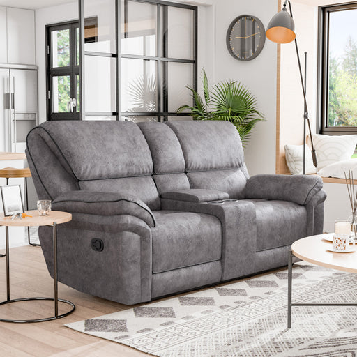 Right facing transitional grey microfiber loveseat with console and accent piping in a room with accessories