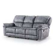 Left facing transitional grey microfiber sofa with accent piping on a white background