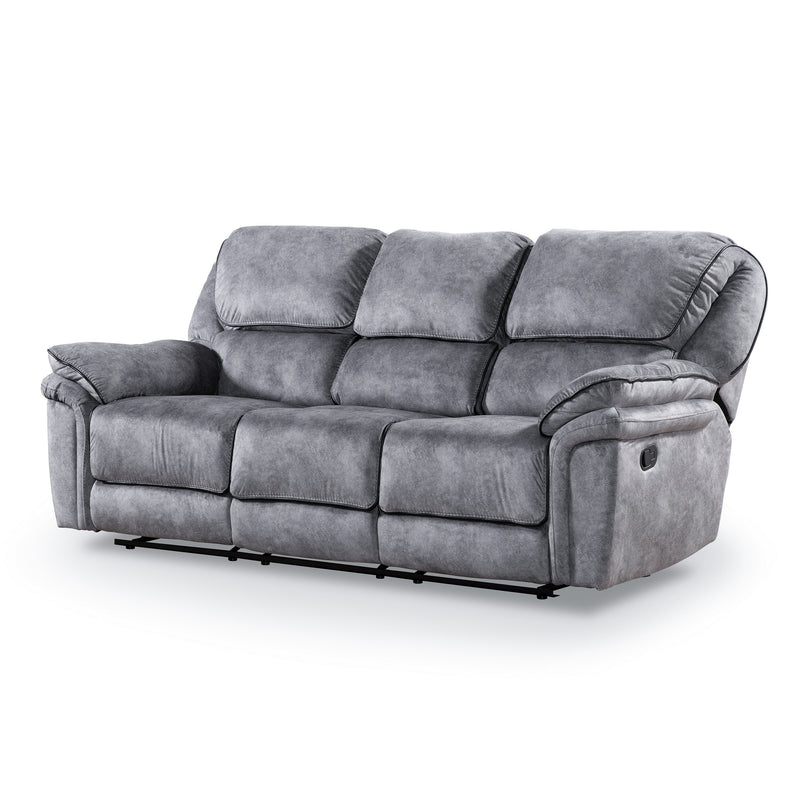 Left facing transitional grey microfiber sofa with accent piping on a white background