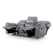 Left facing transitional grey microfiber sofa with accent piping fully reclined on a white background
