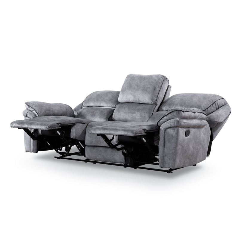 Left facing transitional grey microfiber sofa with accent piping fully reclined on a white background