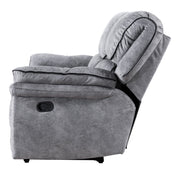 Front facing side view of a transitional grey microfiber sofa with accent piping on a white background