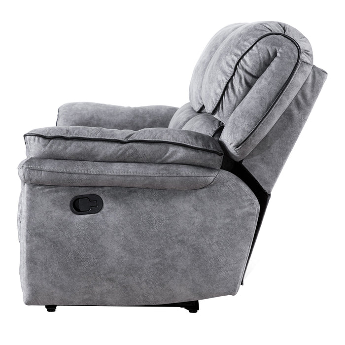 Front facing side view of a transitional grey microfiber sofa with accent piping on a white background