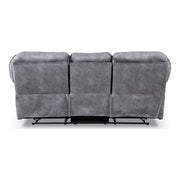Front facing back view of a transitional grey microfiber sofa with accent piping on a white background