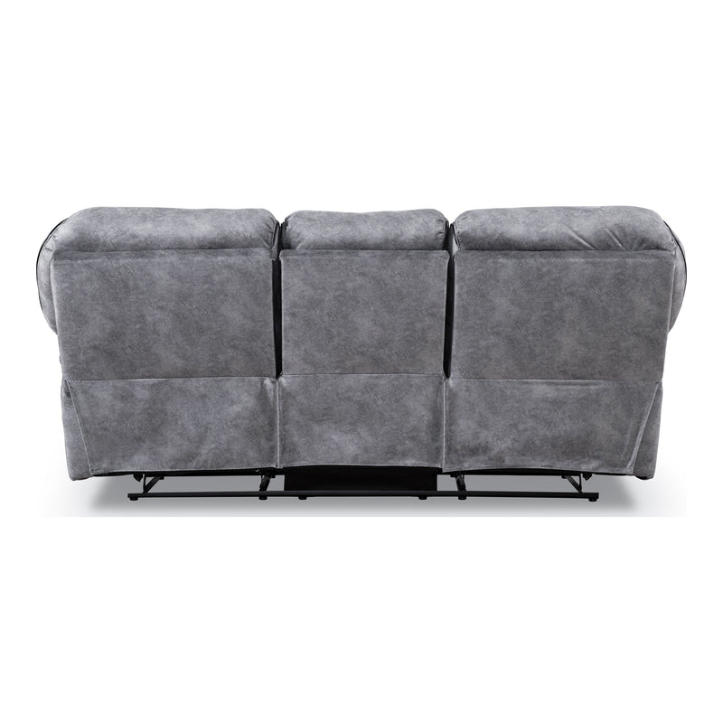 Front facing back view of a transitional grey microfiber sofa with accent piping on a white background