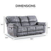 Informational image of the dimensions of a transitional grey microfiber sofa with accent piping