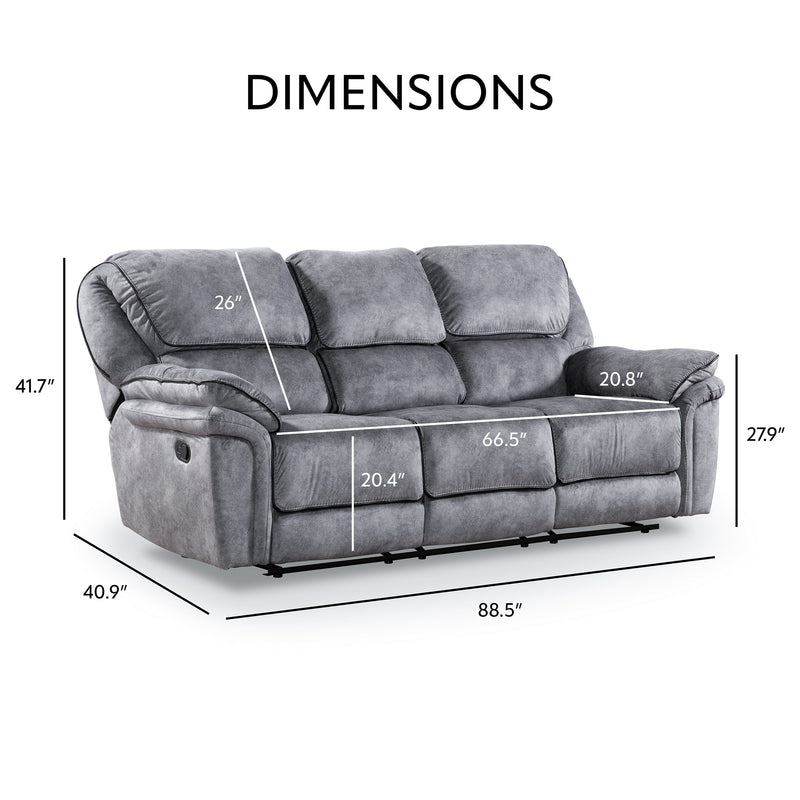 Informational image of the dimensions of a transitional grey microfiber sofa with accent piping