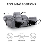 Informational image of the reclining positions of a transitional grey microfiber sofa with accent piping