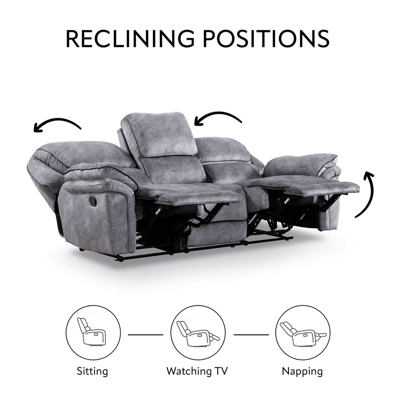 Informational image of the reclining positions of a transitional grey microfiber sofa with accent piping