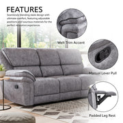 Informational image of the features of a transitional grey microfiber sofa with accent piping