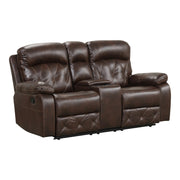 Right facing transitional brown faux leather loveseat with console and diamond stitching on a white background