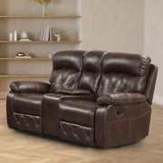 Left facing transitional brown faux leather loveseat with console and diamond stitching in a room with accessories