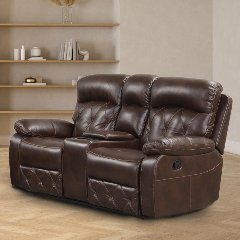 Left facing transitional brown faux leather loveseat with console and diamond stitching in a room with accessories