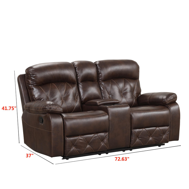 Right facing transitional brown faux leather loveseat with console and diamond stitching shown with dimensions on a white background