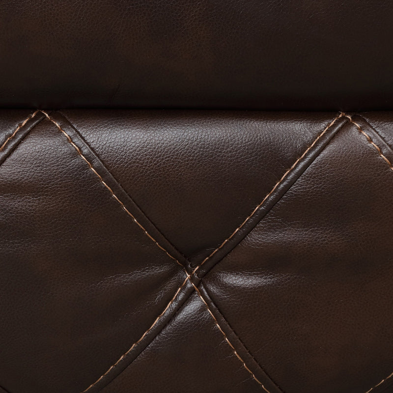 Front facing close up of the stitching and upholstery on a transitional brown faux leather loveseat with console and diamond stitching shown with dimensions