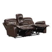Right facing transitional brown faux leather loveseat with console and diamond stitching shown reclined on a white background
