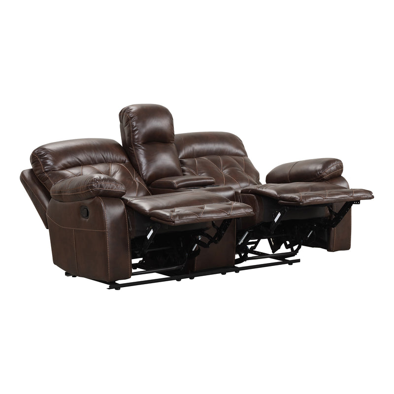 Right facing transitional brown faux leather loveseat with console and diamond stitching shown reclined on a white background