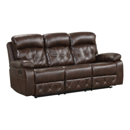 Right facing transitional brown faux leather sofa with diamond stitching on a white background