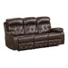 Right facing transitional brown faux leather sofa with diamond stitching on a white background