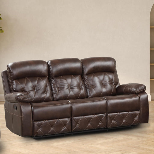 Right facing transitional brown faux leather sofa with diamond stitching in a room