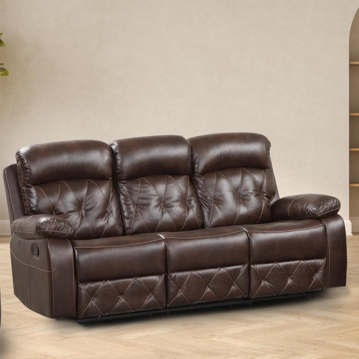 Right facing transitional brown faux leather sofa with diamond stitching in a room