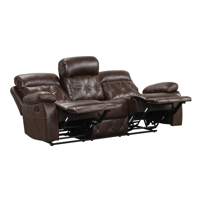 Right facing transitional brown faux leather sofa with diamond stitching shown reclined on a white background