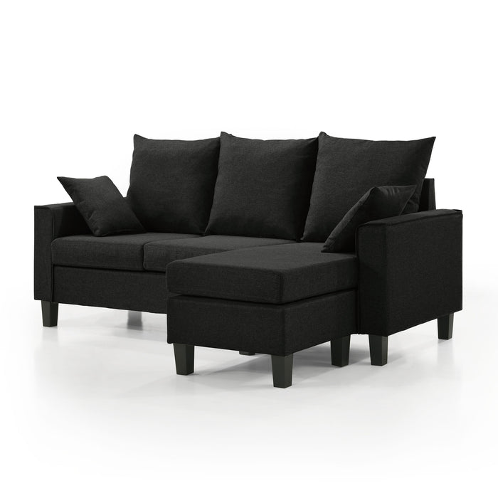 Left facing transitional black customizable sectional sofa on a white background