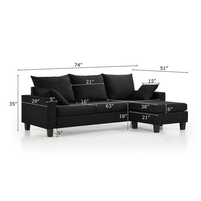 Informational image of the dimensions of a transitional black customizable sectional sofa